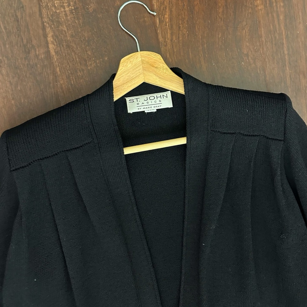 Vintage ST. JOHN Basics Santana Knit Open Front Long Cardigan in Black Sz S - Picture 10 of 16